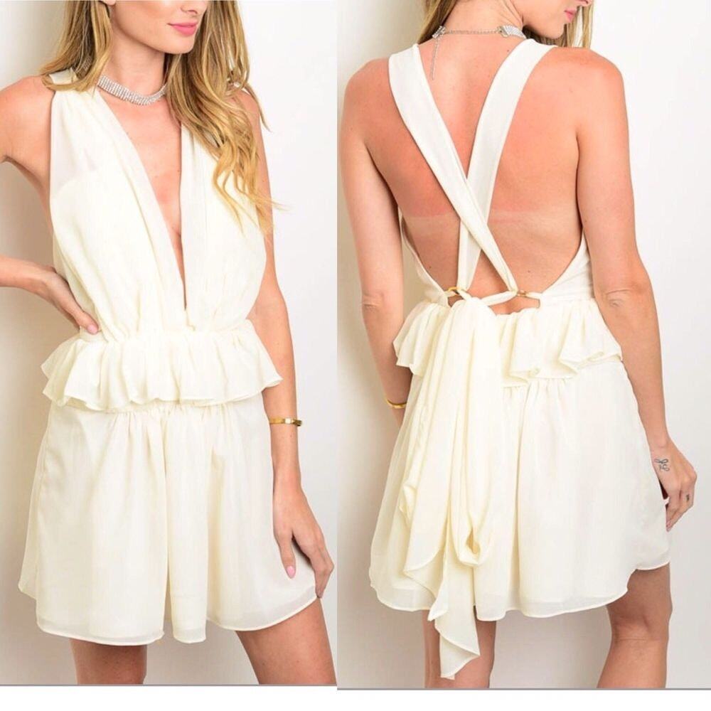 Luxxel Ivory Plunge V-Neckline Ruffle Lined Mini Dress Back Zip Size S Small